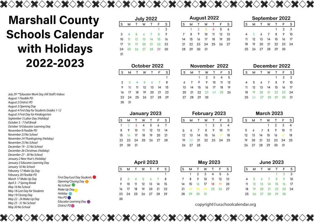 Marshall County Schools Calendar with Holidays 2022-2023