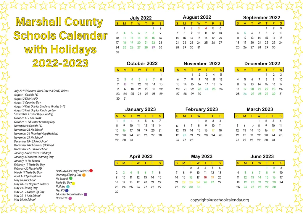 Marshall County Schools Calendar with Holidays 2022-2023 2