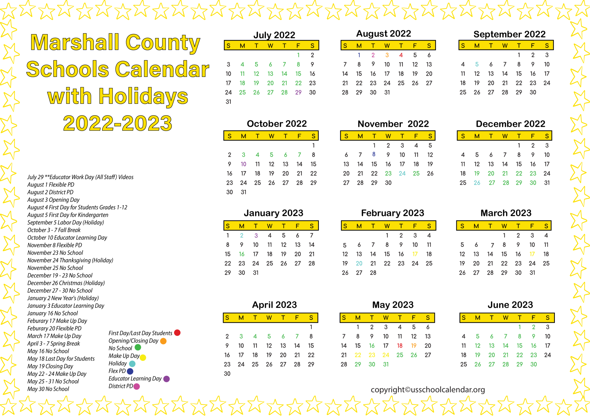 Marshall County Schools Calendar with Holidays 2023