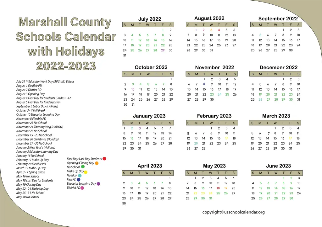 Marshall County Schools Calendar with Holidays 2022-2023 3