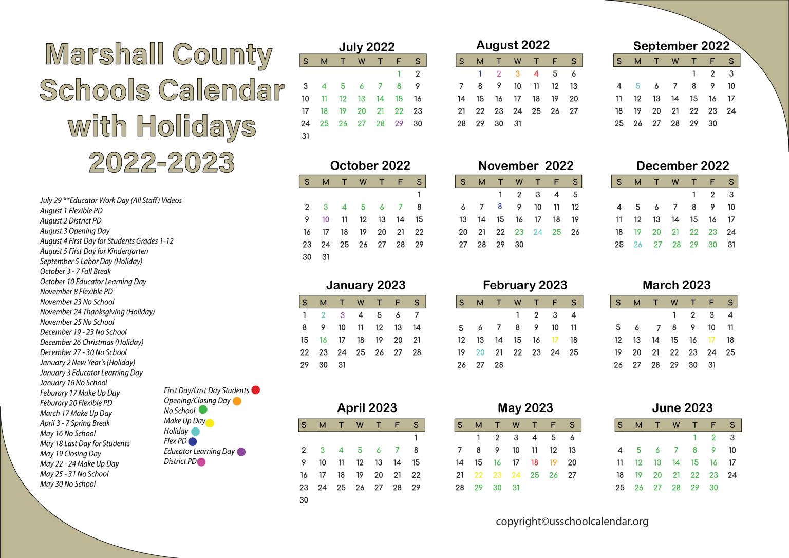 Marshall County Schools Calendar with Holidays 2023