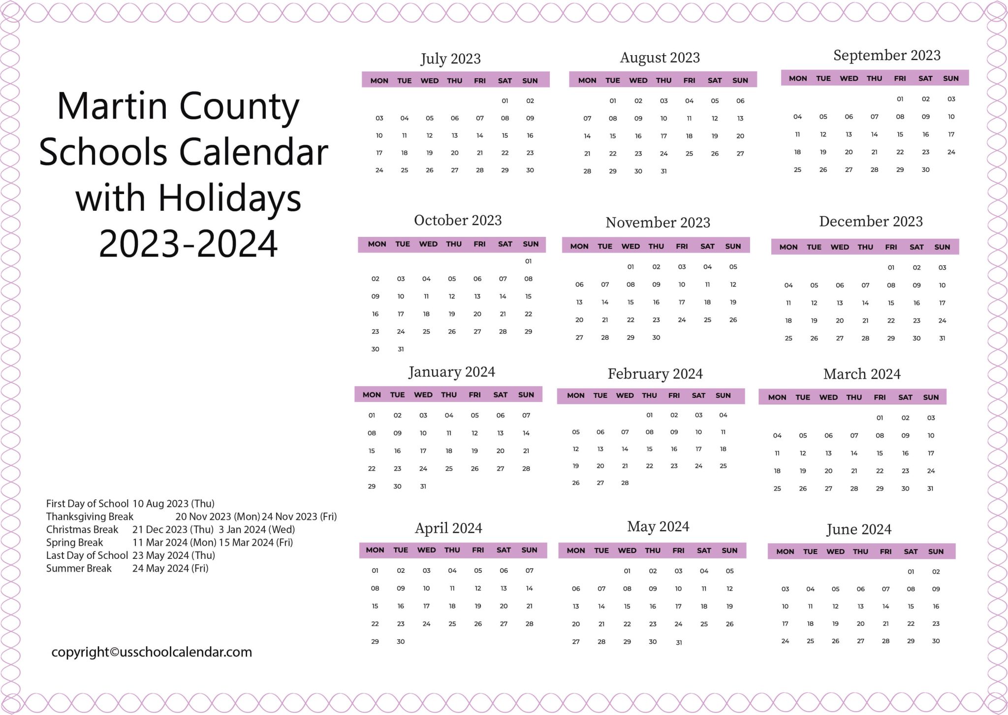 Martin County Schools Calendar with Holidays 20232024