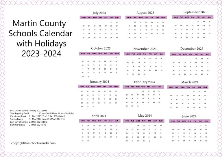 Martin County Schools Calendar with Holidays 20232024