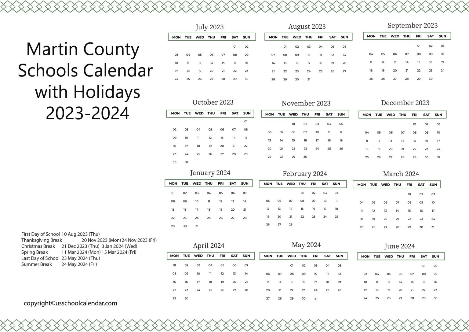 Martin County Schools Calendar with Holidays 20232024