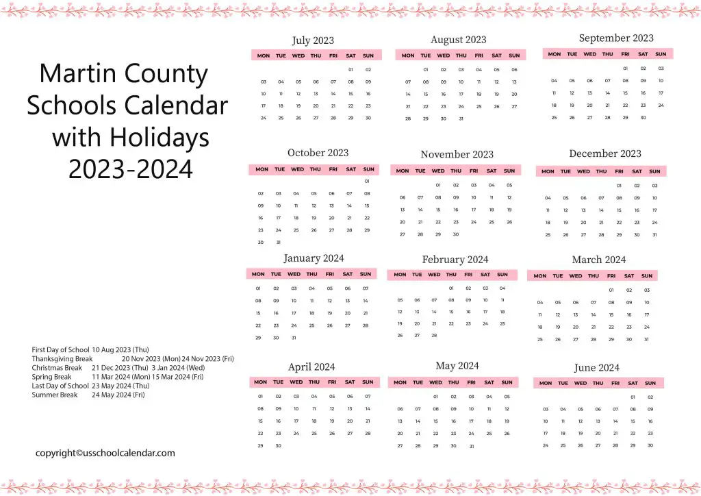 Martin County Schools Holiday Calendar