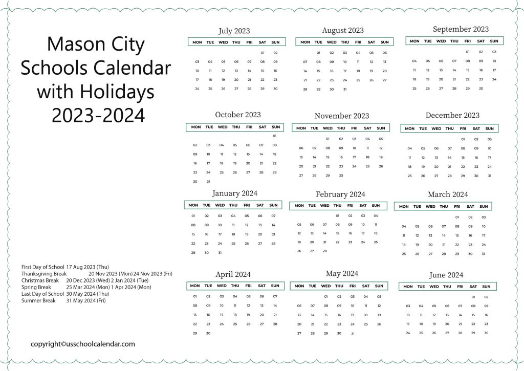 Mason City Schools District Calendar