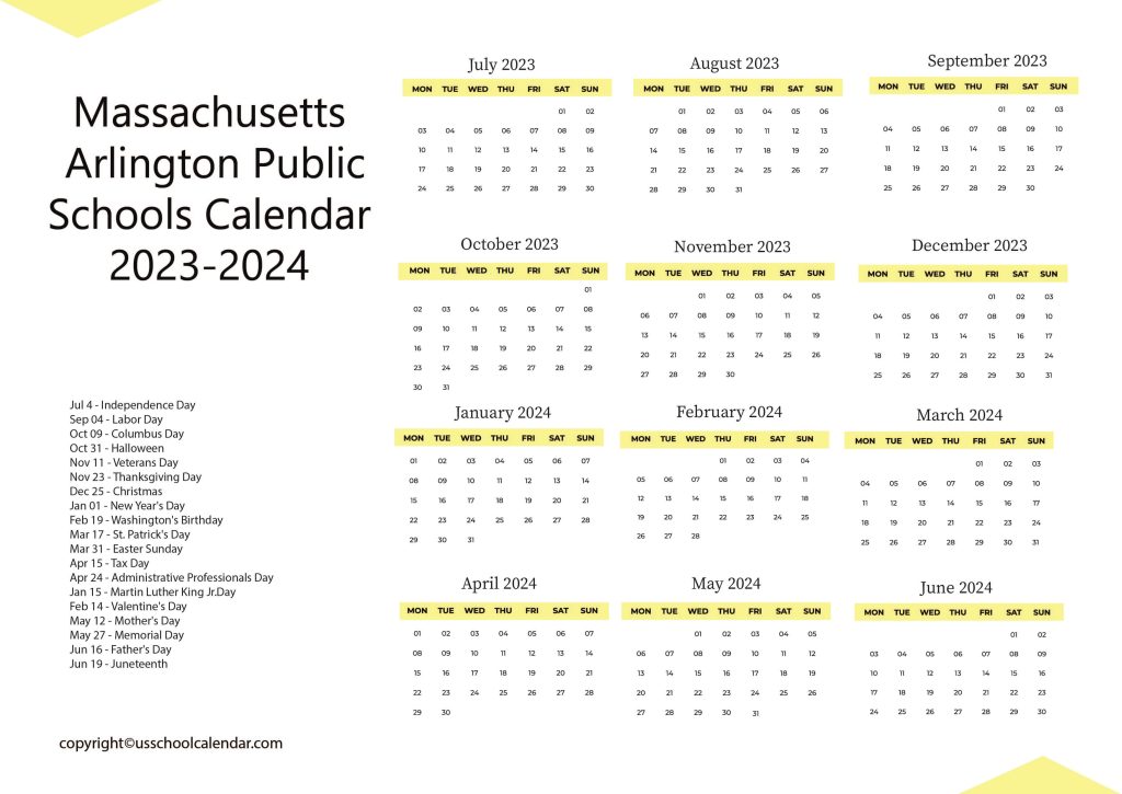 Massachusetts Arlington Public Schools Calendar