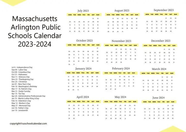 Massachusetts Arlington Public Schools Calendar 20232024