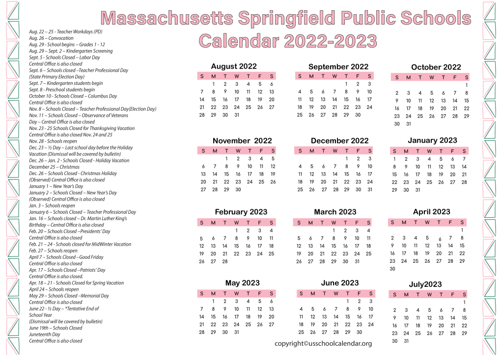 Massachusetts Springfield Public Schools Calendar 2022-2023