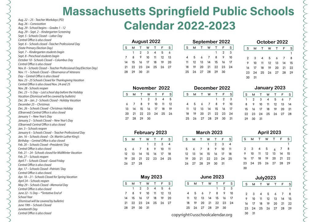 Massachusetts Springfield Public Schools Calendar 2022-2023 2