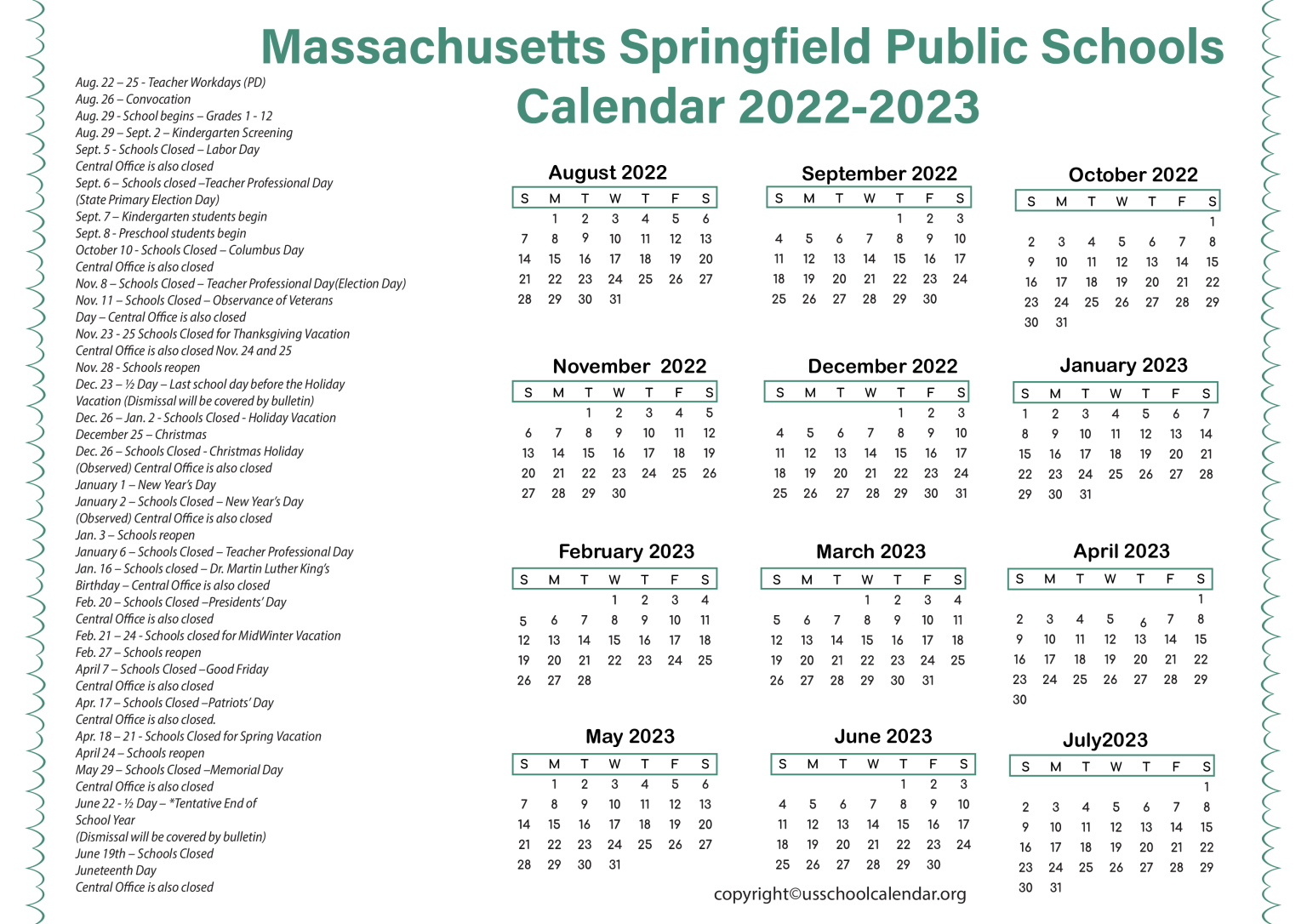 Massachusetts Springfield Public Schools Calendar 2023