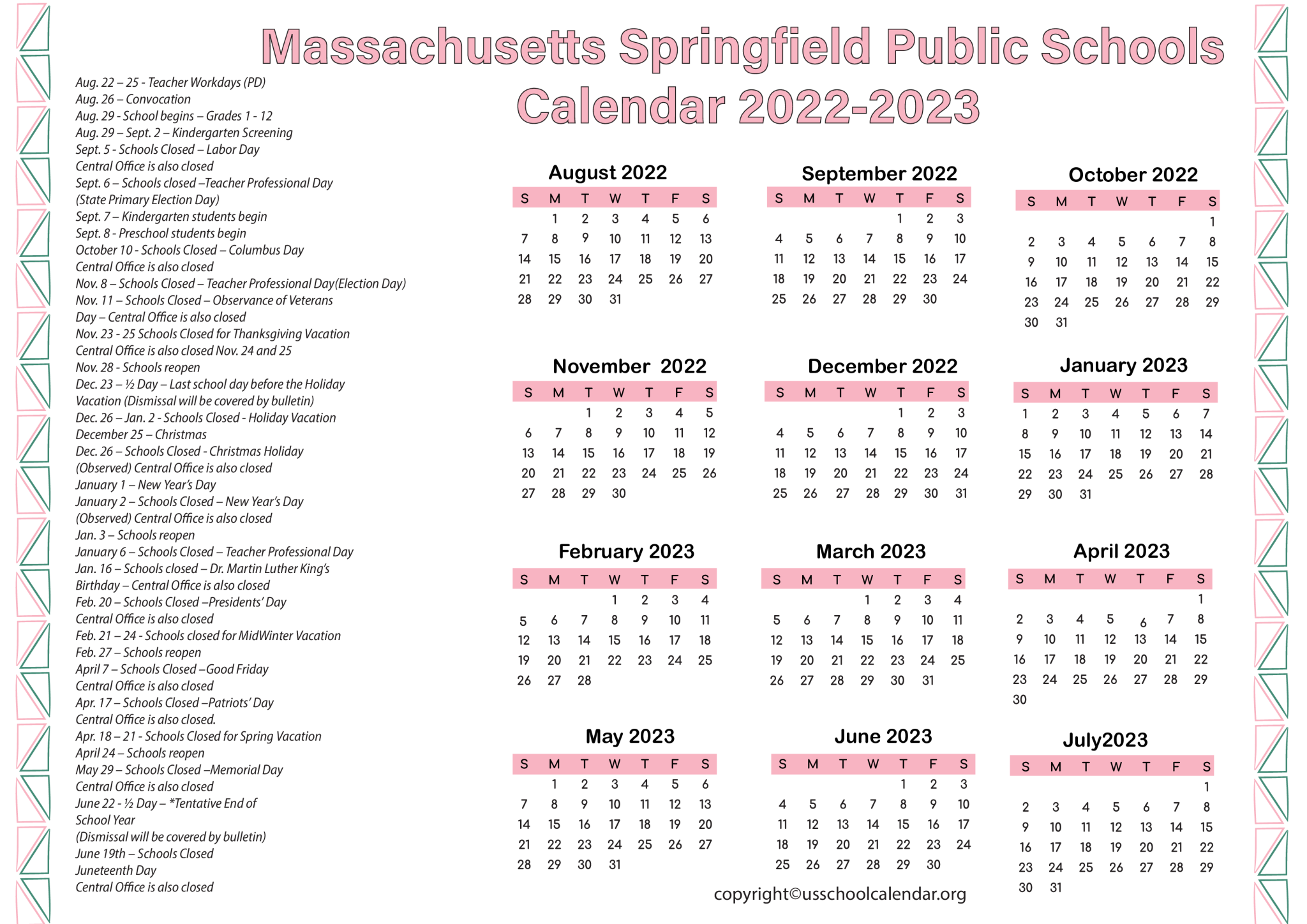 Massachusetts Springfield Public Schools Calendar 2023