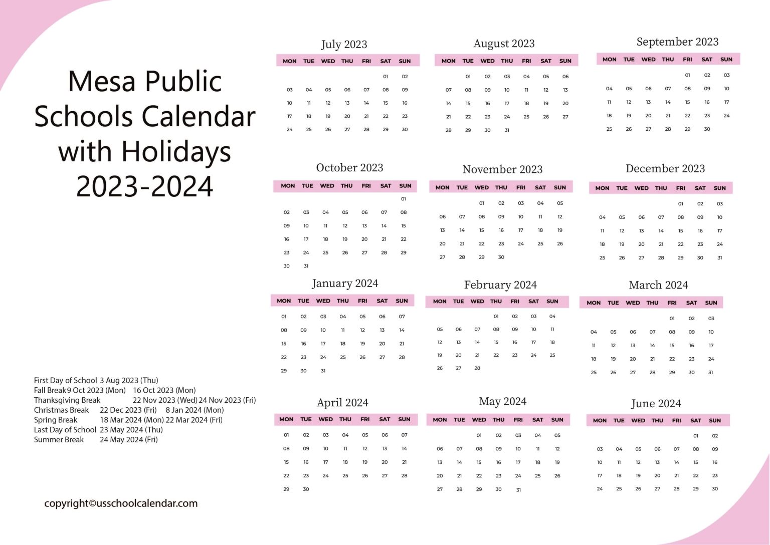 Mesa Public Schools Calendar with Holidays 20232024