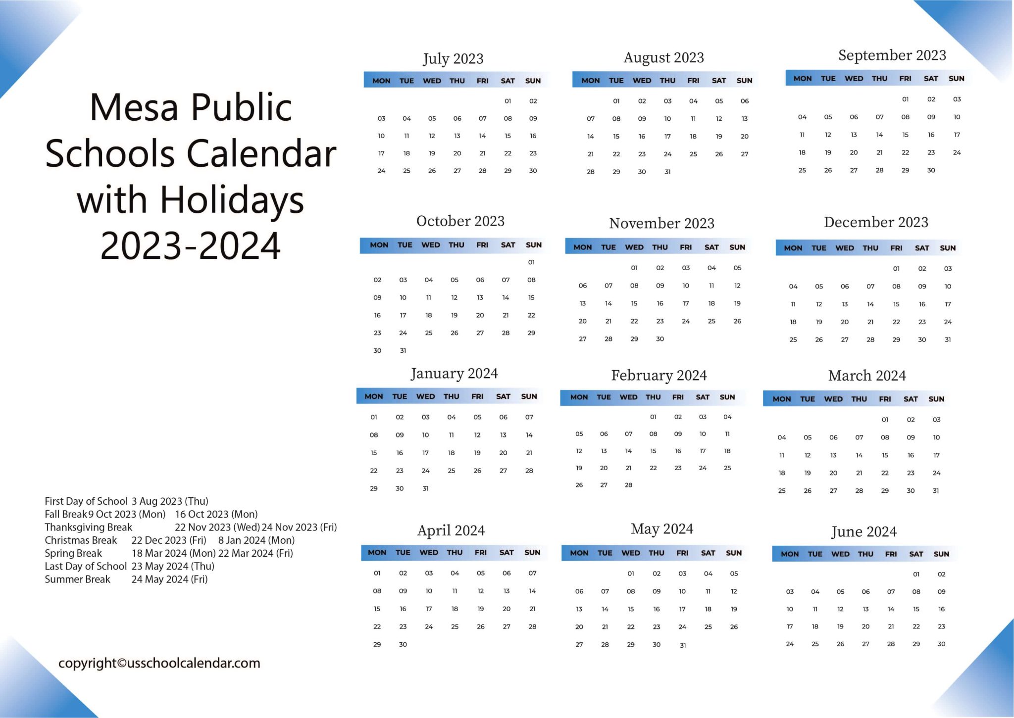 Mesa Public Schools Calendar with Holidays 20232024