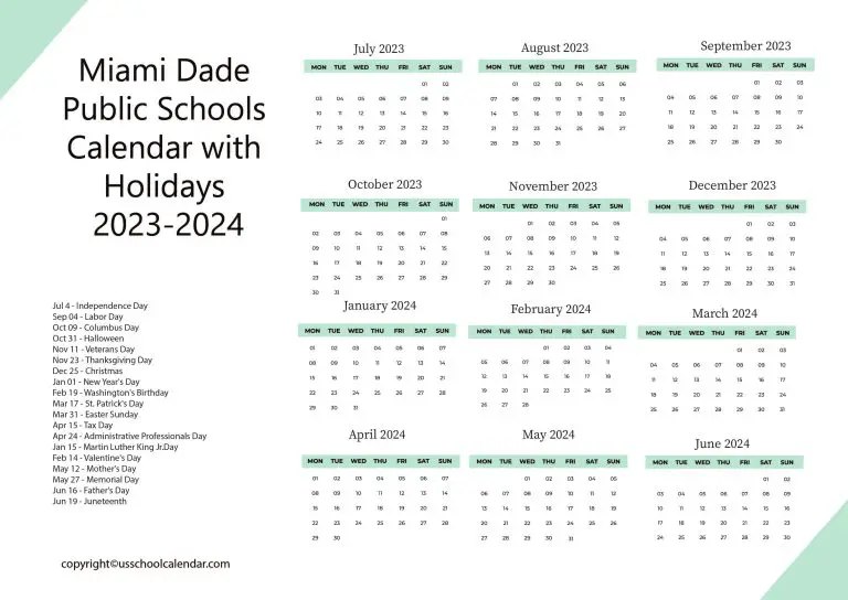 Miami Dade Public Schools Calendar with Holidays 20232024