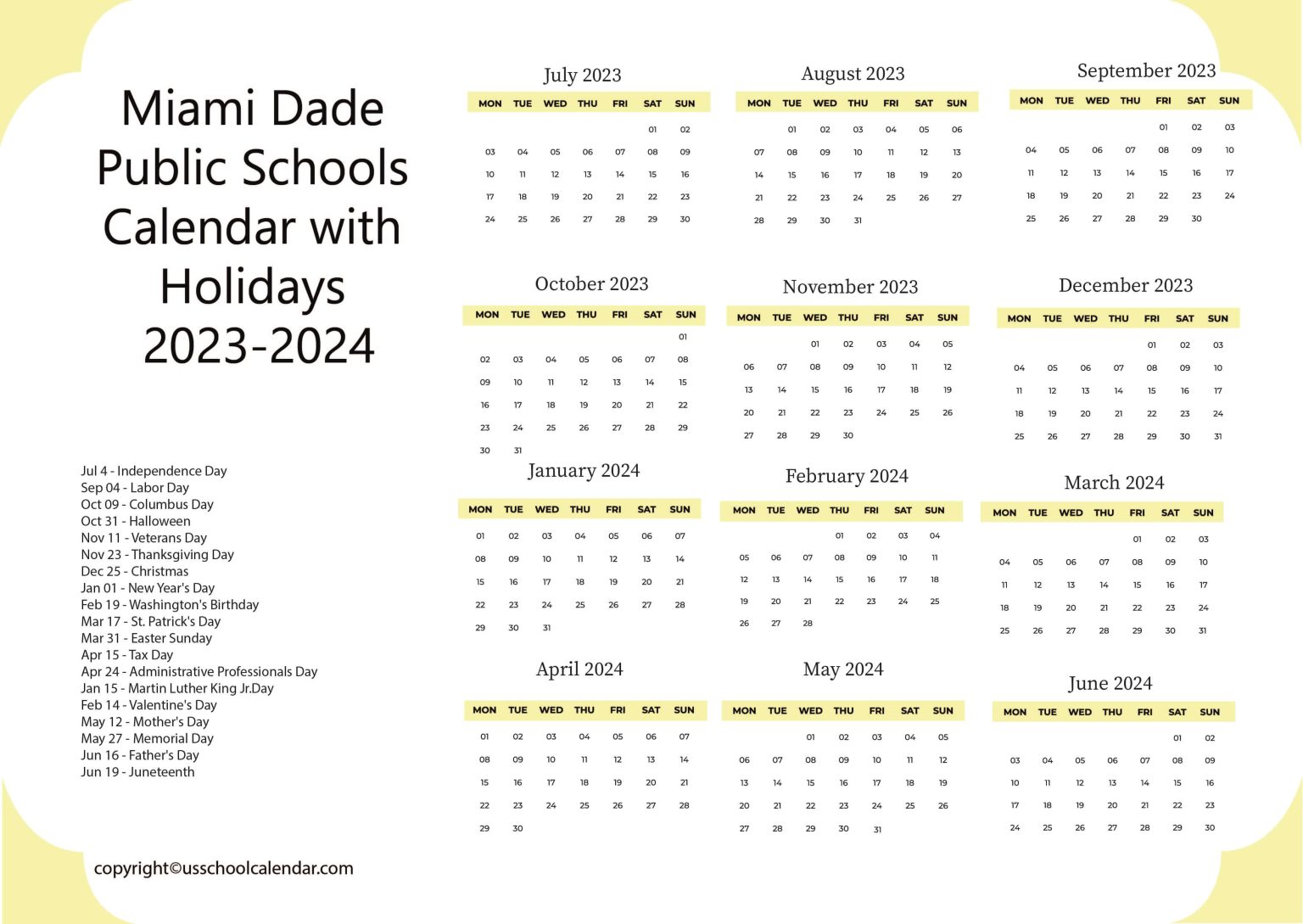 Miami Dade Public Schools Calendar with Holidays 20232024