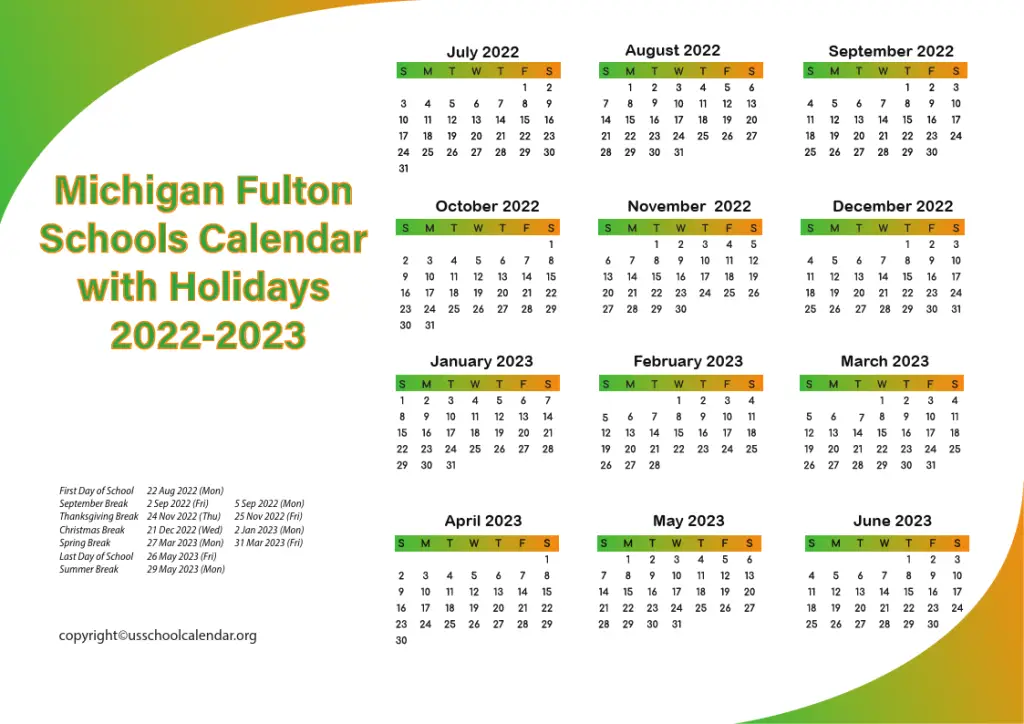 Michigan Fulton Schools Calendar with Holidays 2022-2023 2