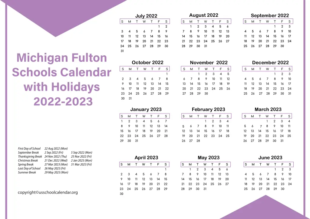 Michigan Fulton Schools Calendar with Holidays 2022-2023 3