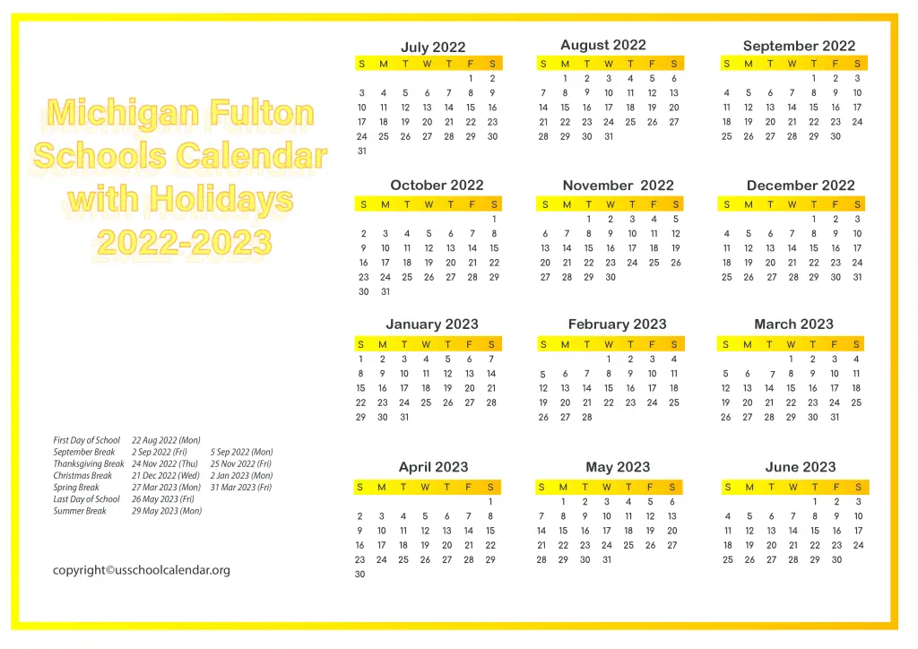 Michigan Fulton Schools Calendar with Holidays 2022-2023-page-0