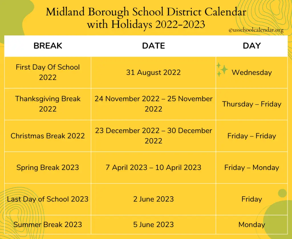 Midland Borough School District Calendar with Holidays 2022-2023