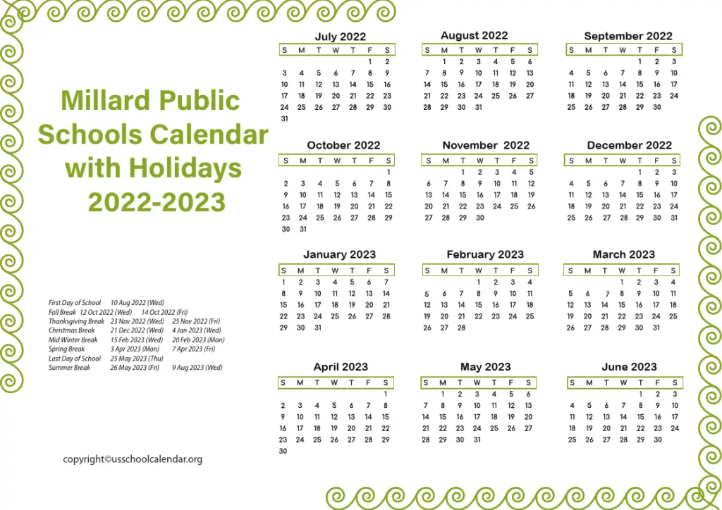 Millard Public Schools Calendar with Holidays 2022-2023 2