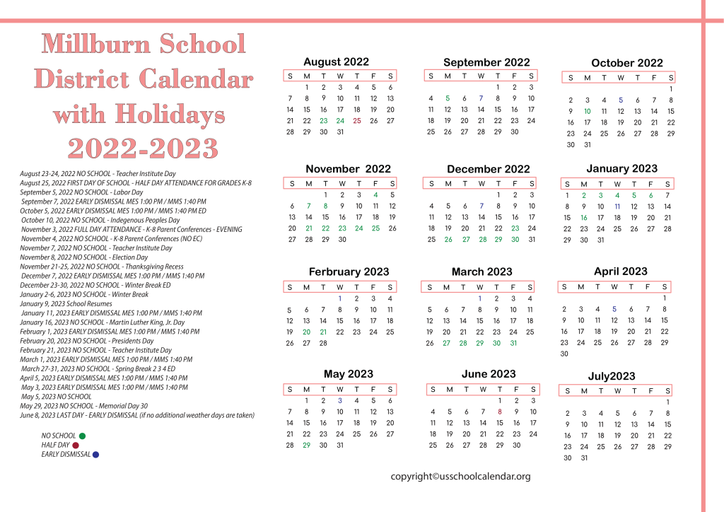 Millburn School District Calendar with Holidays 2022-2023