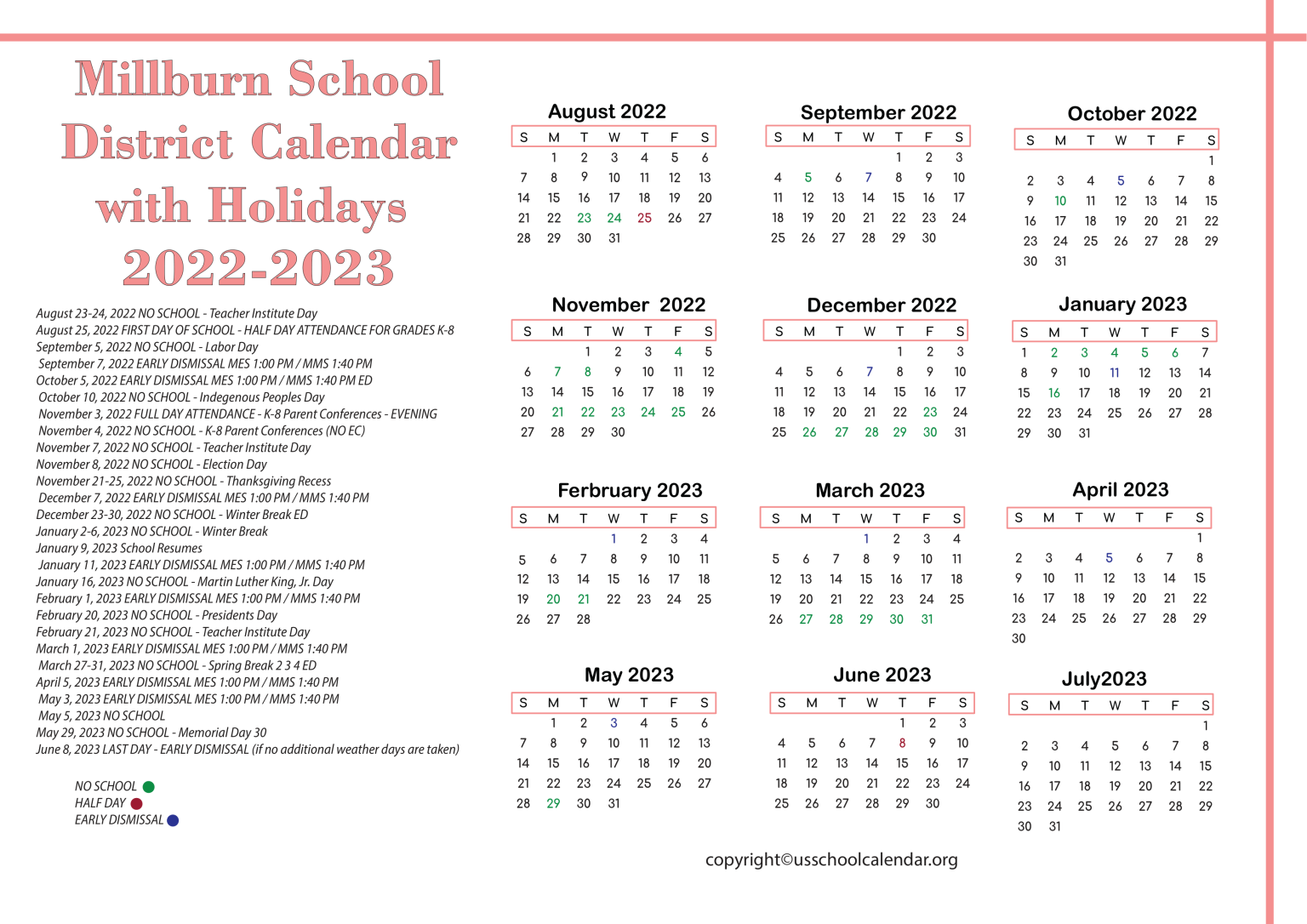 Millburn School District Calendar with Holidays 20222023
