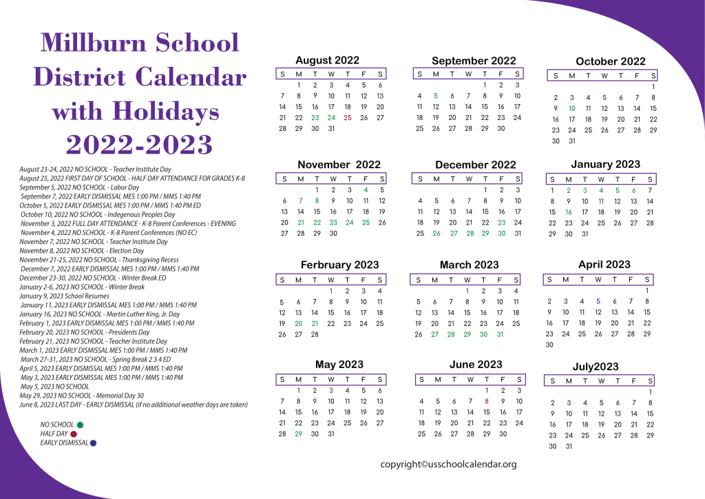 Millburn School District Calendar with Holidays 2022-2023 2