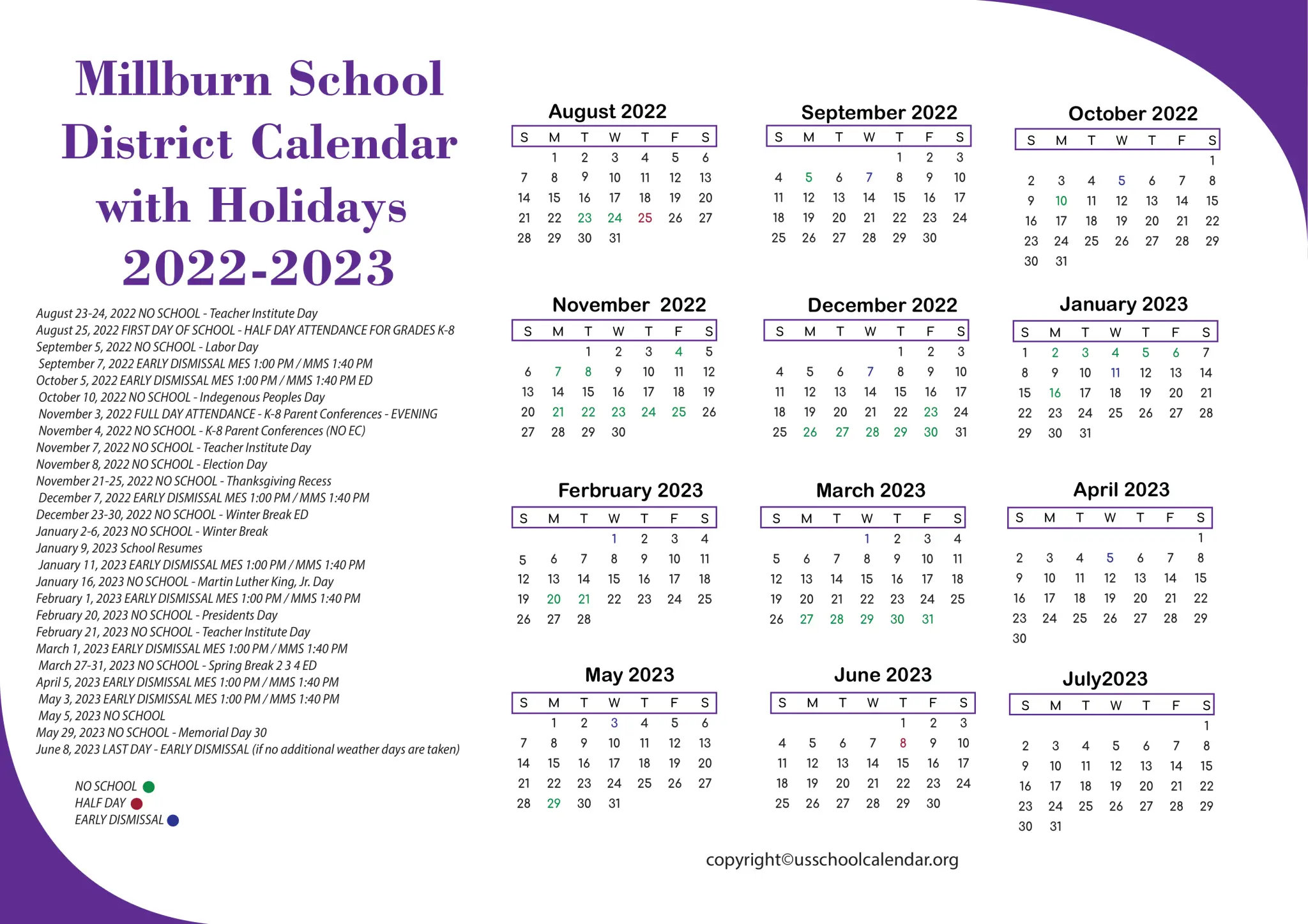 Millburn School District Calendar with Holidays 2022-2023