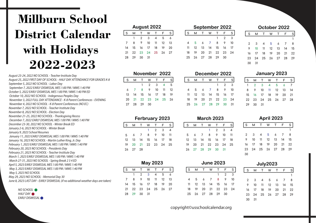 Millburn School District Calendar with Holidays 2022-2023 3