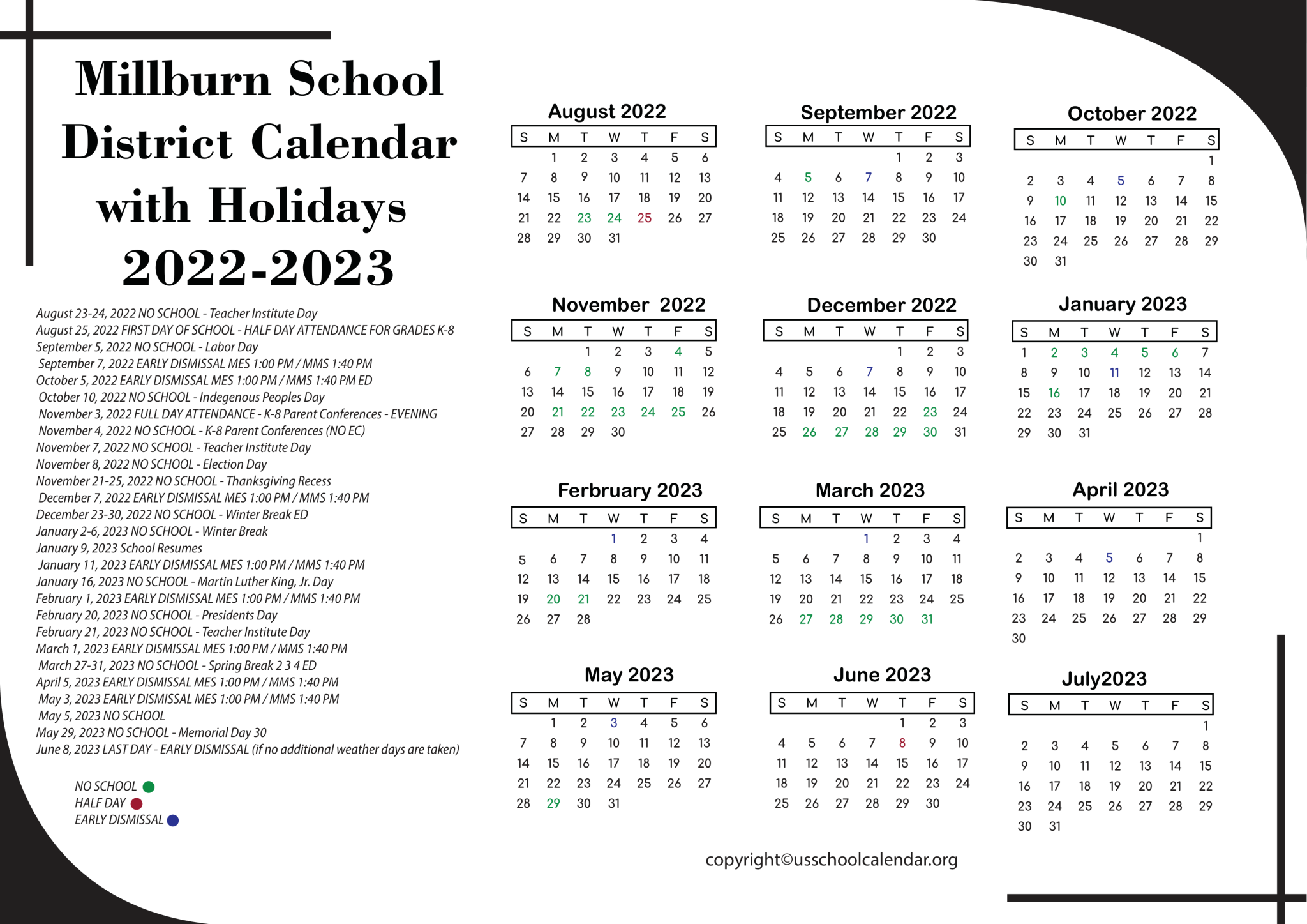 Millburn School District Calendar with Holidays 20222023