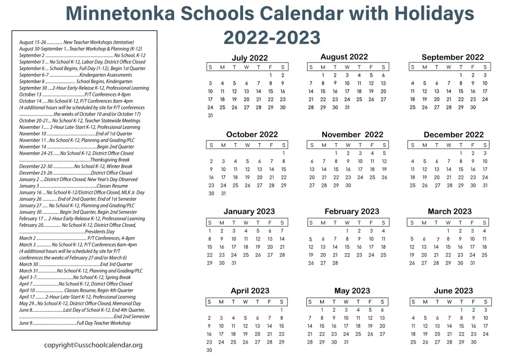 Minnetonka Schools Calendar with Holidays 2022-2023-1