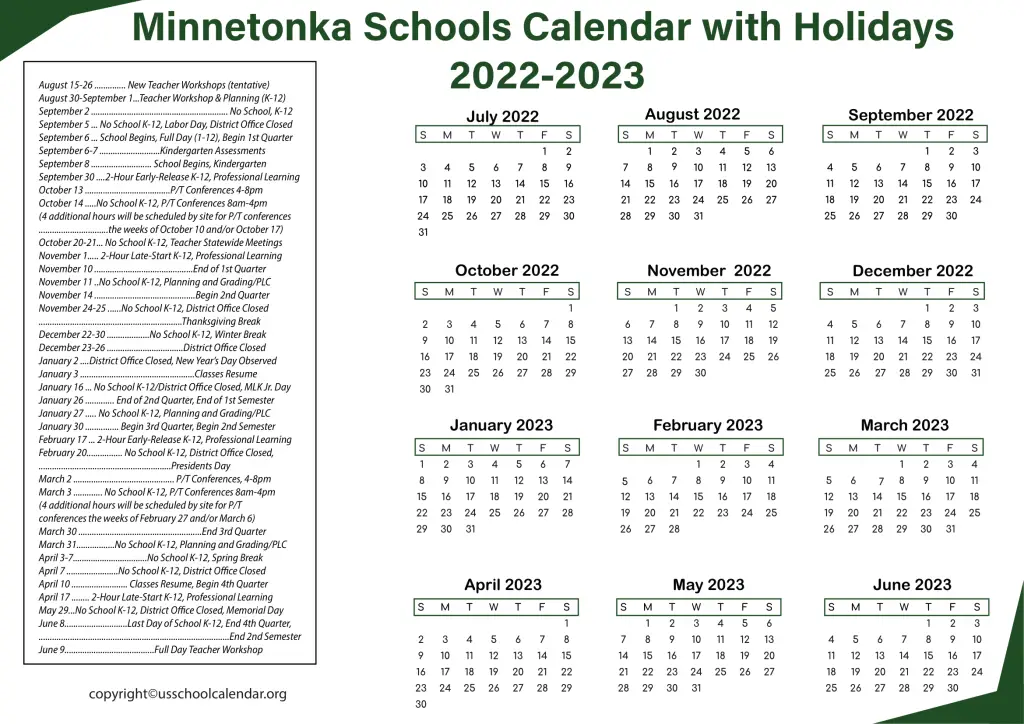 Minnetonka Schools Calendar with Holidays 2022-2023 2-1