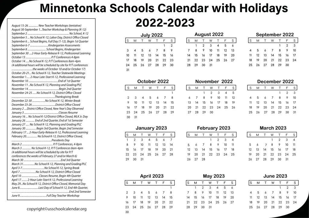 Minnetonka Schools Calendar with Holidays 2022-2023 3-1