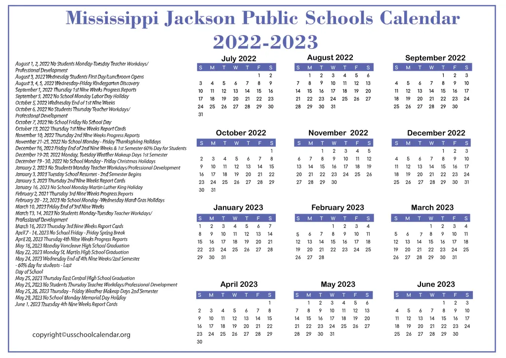 Mississippi Jackson Public Schools Calendar 2022-2023