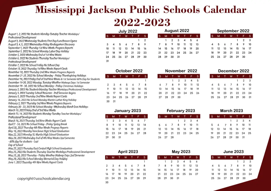 Mississippi Jackson Public Schools Calendar 2022-2023 2