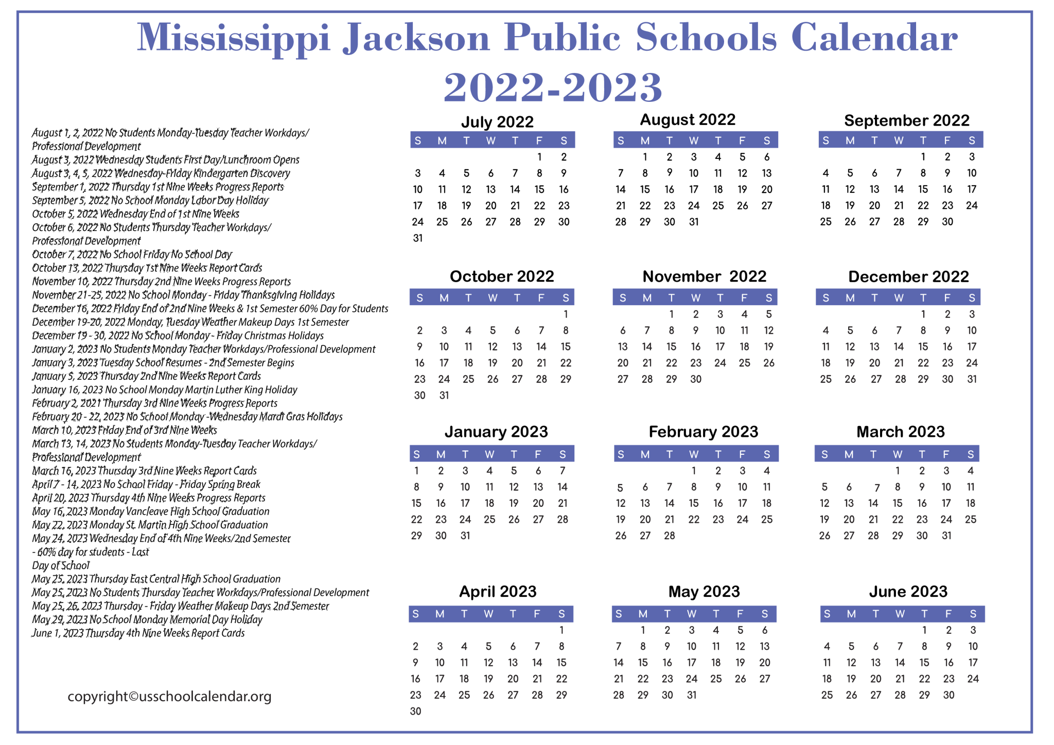 Mississippi Jackson Public Schools Calendar 2023