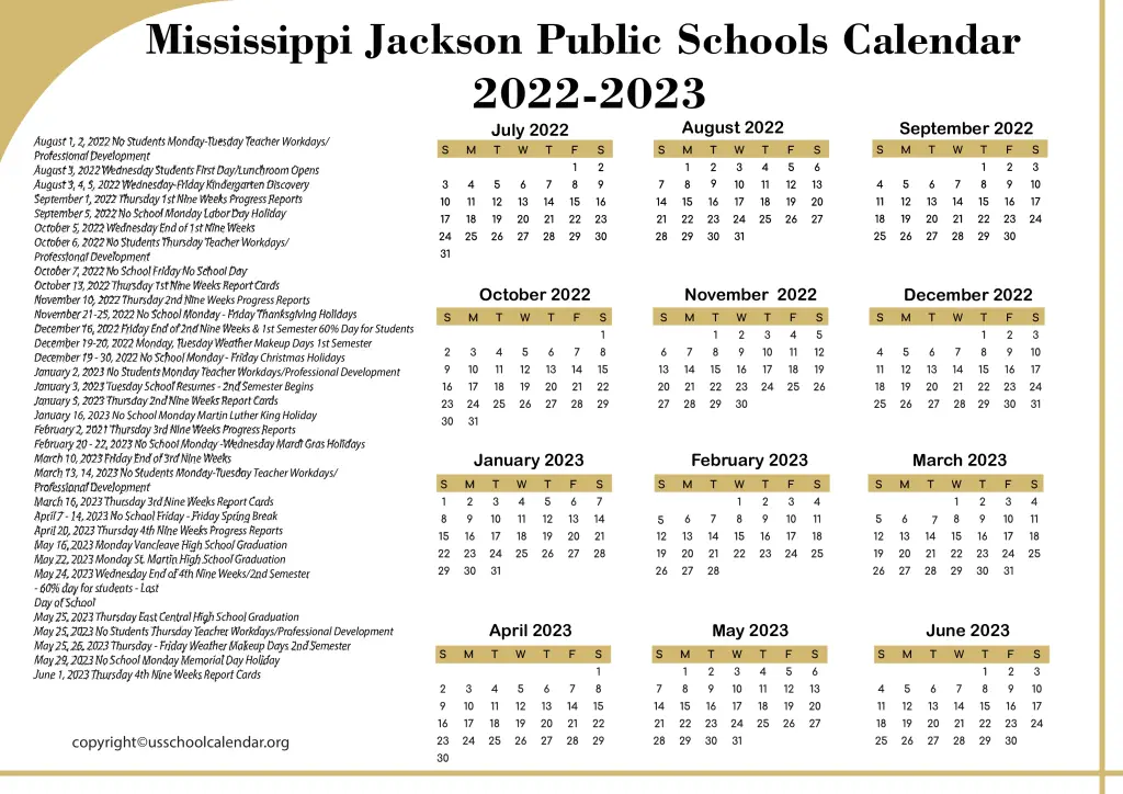 Mississippi Jackson Public Schools Calendar 2022-2023 3