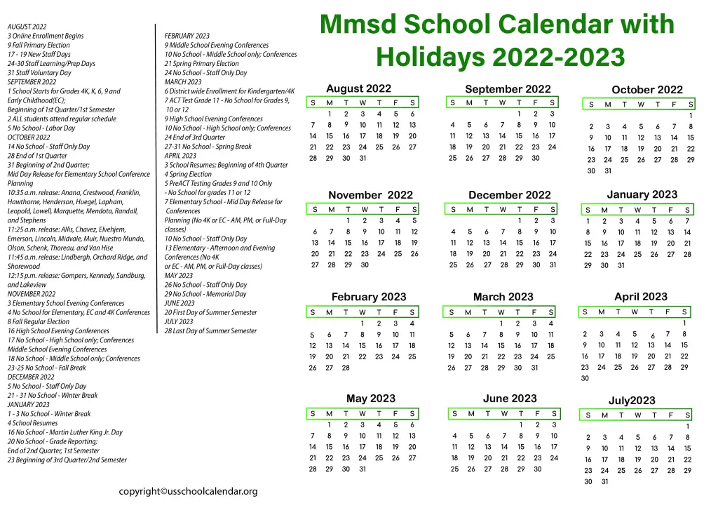 Mmsd School Calendar with Holidays 2022-2023