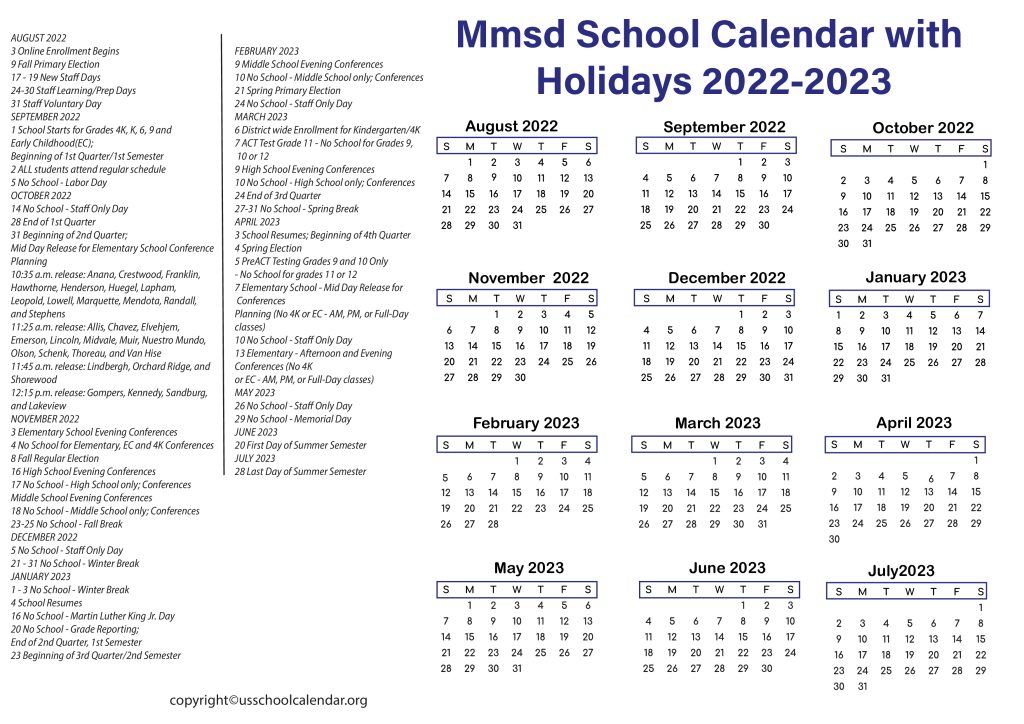 Mmsd School Calendar with Holidays 2022-2023 2