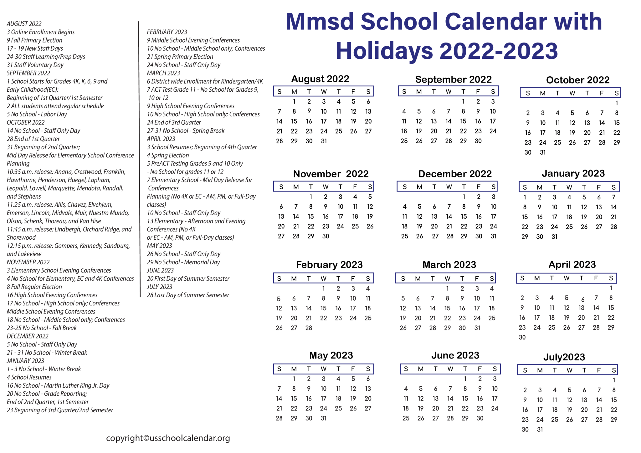 [Madison Metropolitan] MMSD School Calendar with Holidays 2023