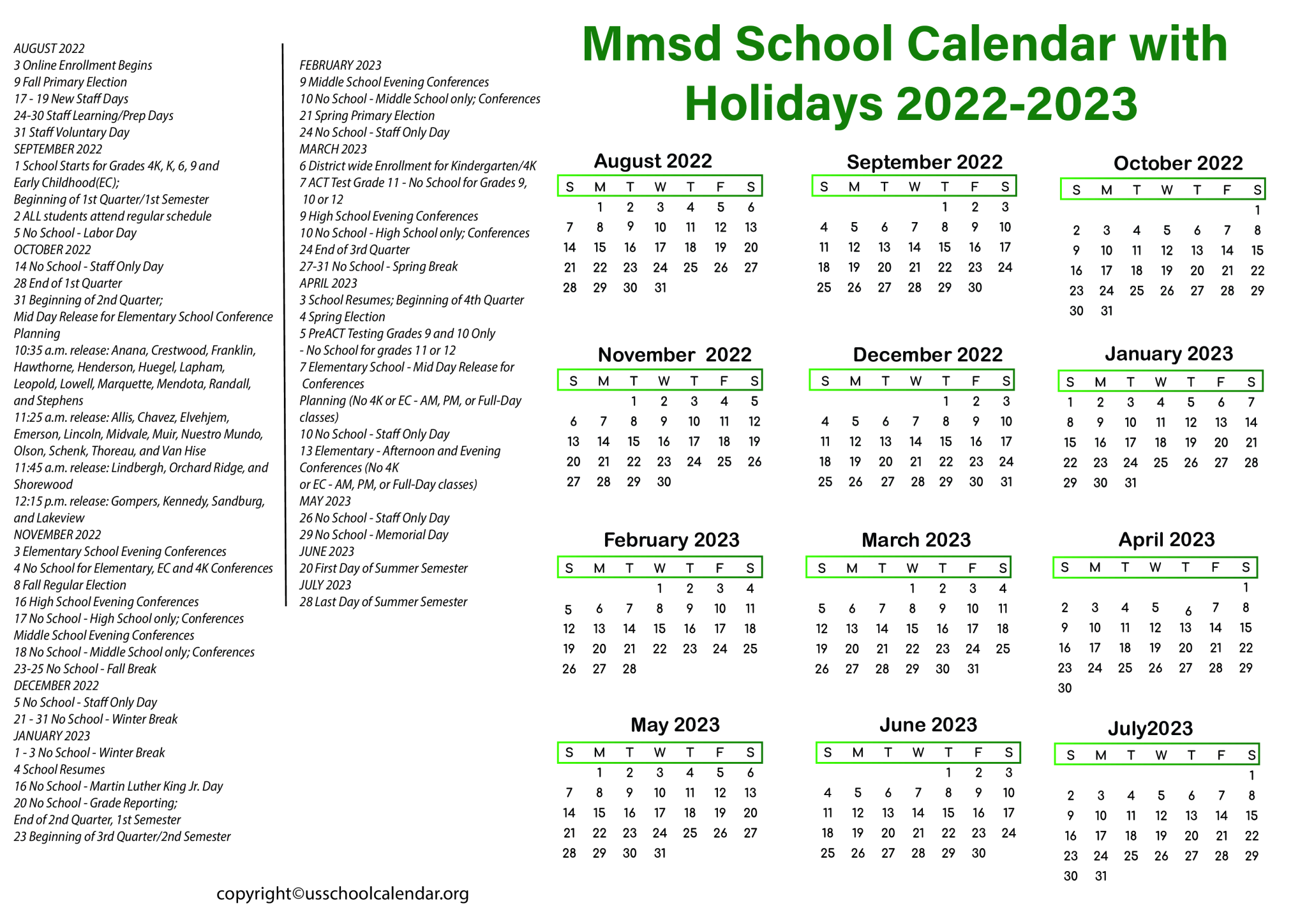 [Madison Metropolitan] MMSD School Calendar with Holidays 2023