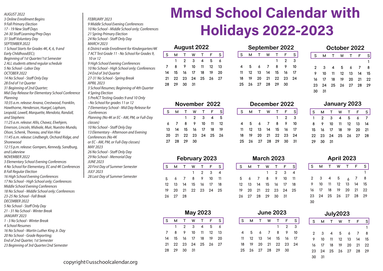 [Madison Metropolitan] MMSD School Calendar with Holidays 2023