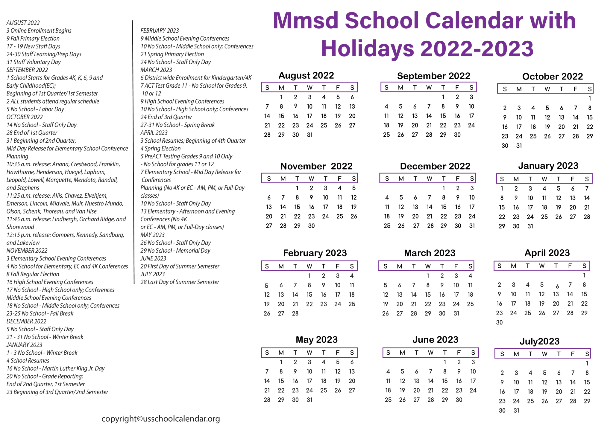 [Madison Metropolitan] MMSD School Calendar with Holidays 2023