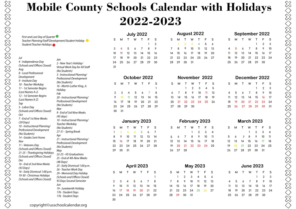 Mobile County Schools Calendar with Holidays 2022-2023