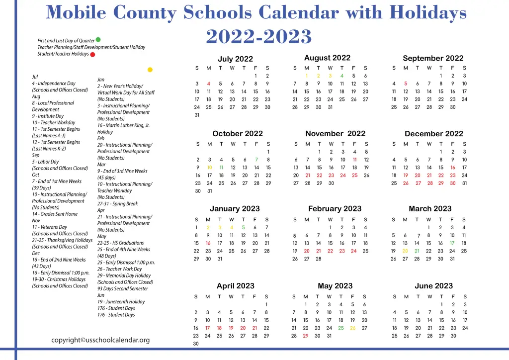Mobile County Schools Calendar with Holidays 2022-2023 2