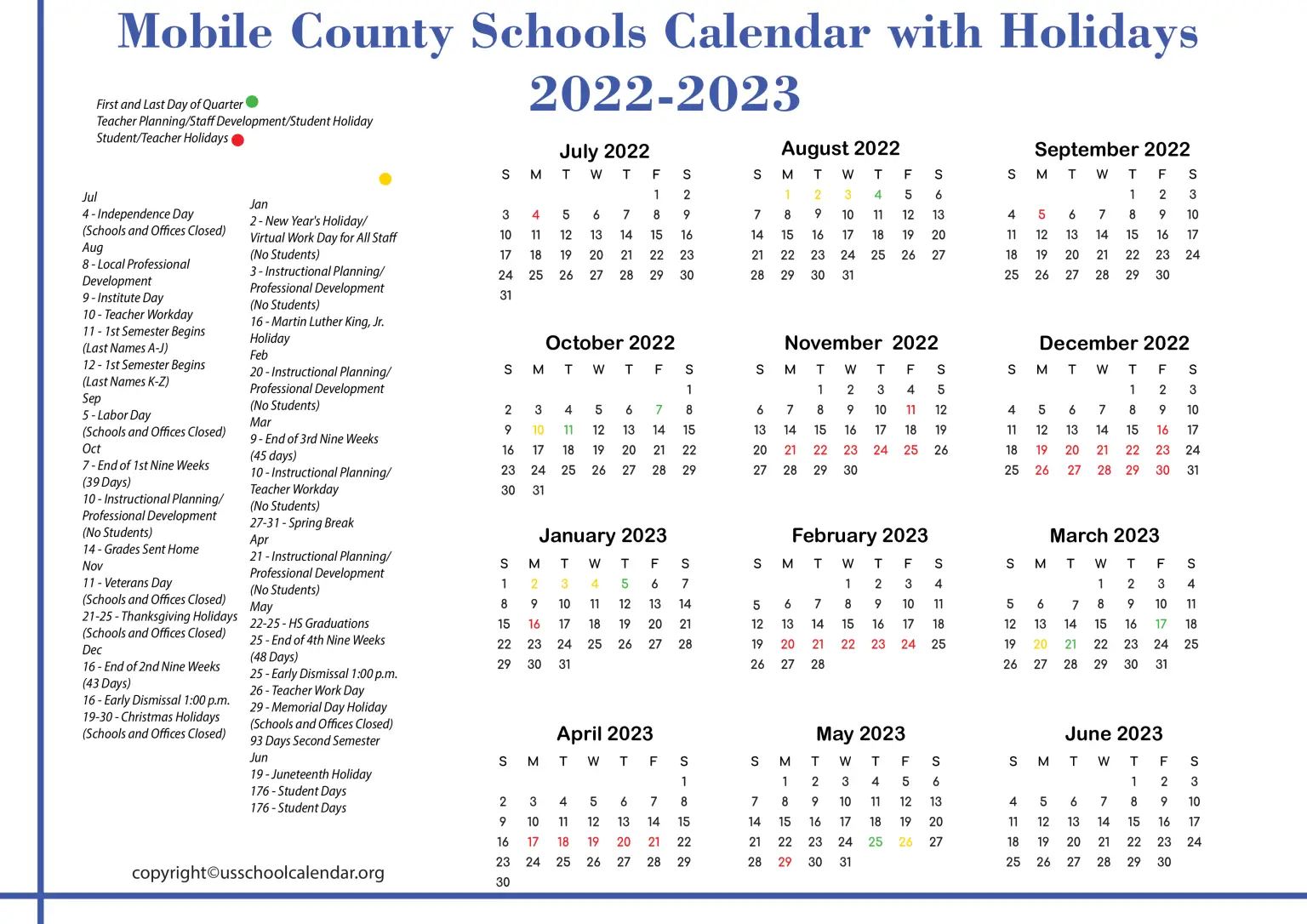 [MCPSS] Mobile County Schools Calendar with Holidays 2023