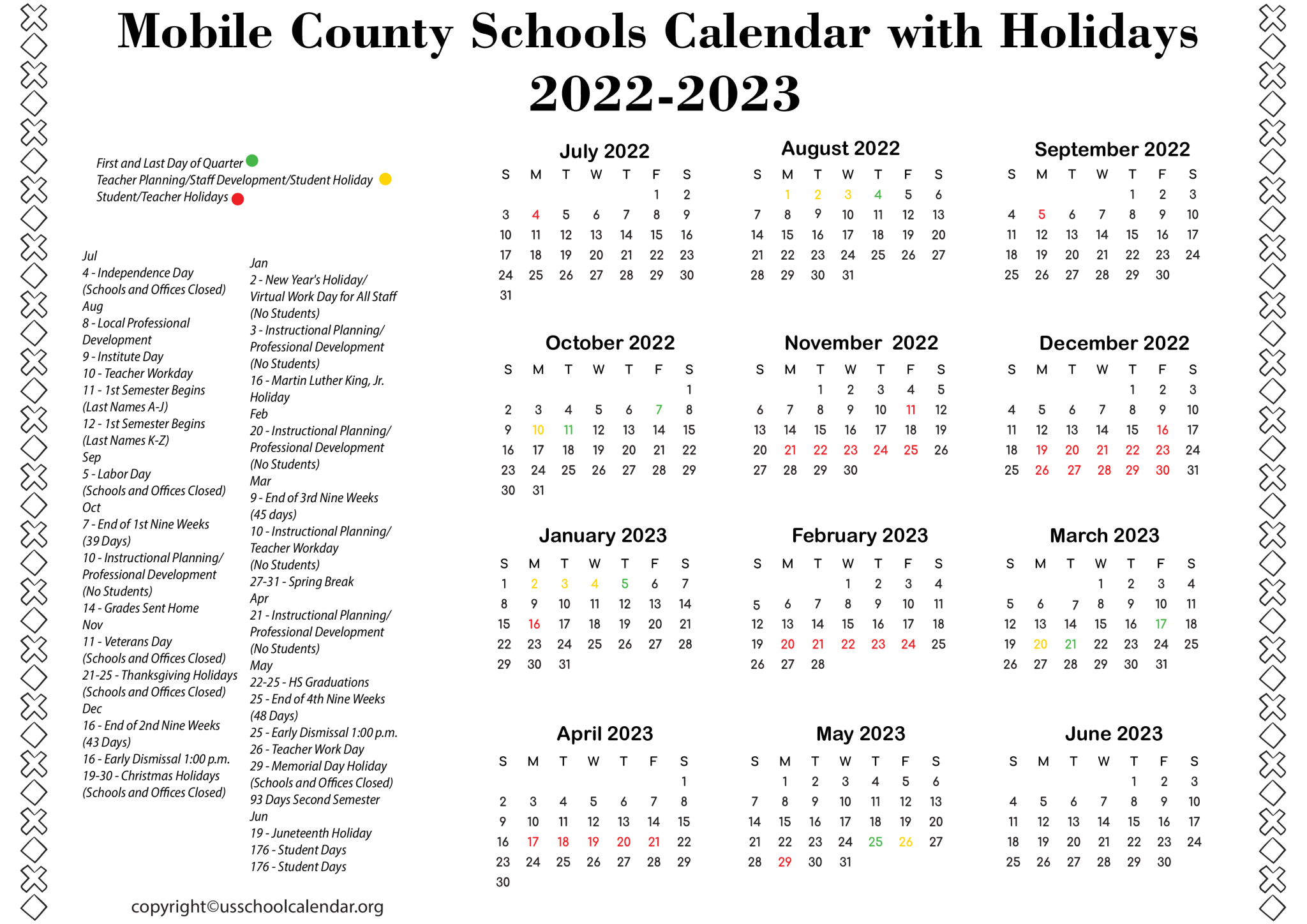 MCPSS Mobile County Schools Calendar with Holidays 2023
