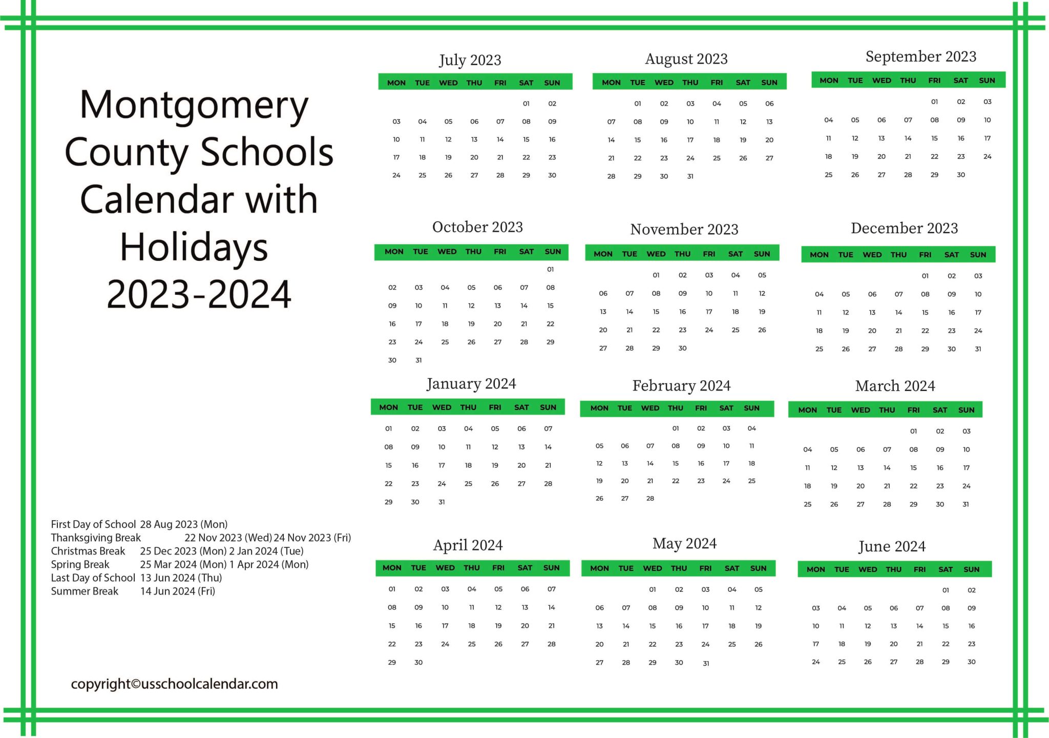 Montgomery County Schools Calendar with Holidays 20232024