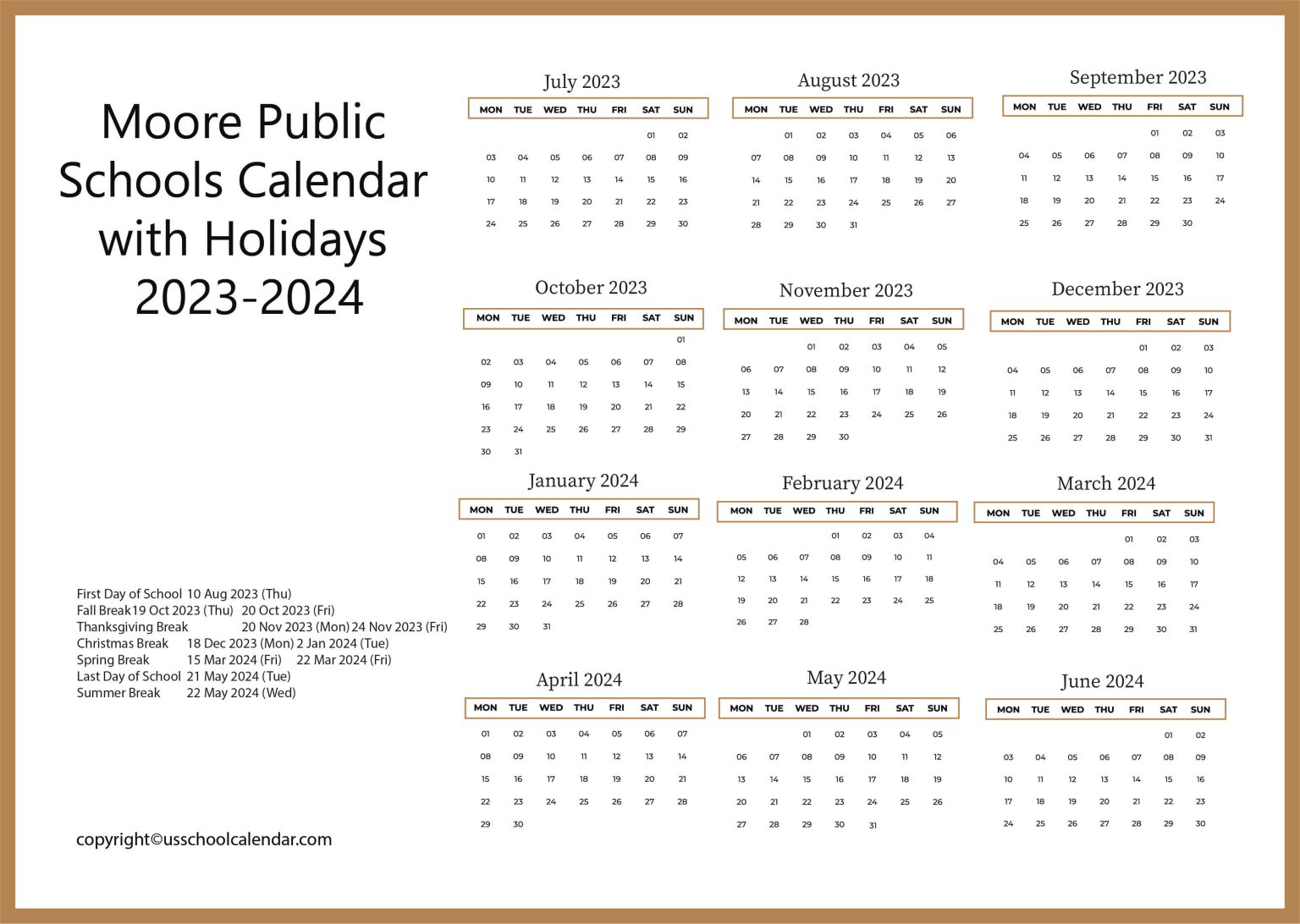 Moore Public Schools Calendar with Holidays 20232024